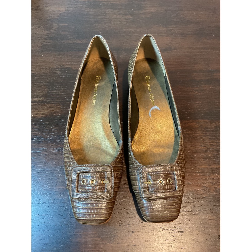 Etienne Aigner Brown Lizard Embossed Leather Buckle Detail Low Heel Pumps 7M